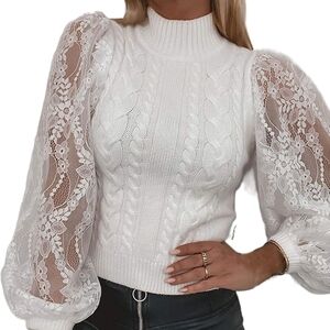 White Lace Sleeve Sweater